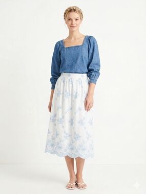 J. Crew Re-Imagined Cotton-Linen Square Neck Puff Sleeve Denim Top - XS - NWT